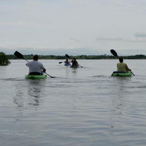 a group of people rowing a boat in a body of water