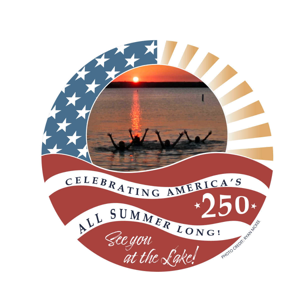 Silhouetted people in lake at sunset with US flag-themed border and text: Celebrating America's 250.