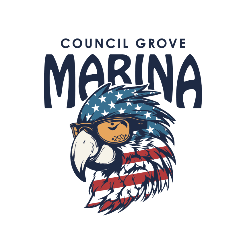 Stylized eagle with American flag feathers, sunglasses, text 'Council Grove Marina'.
